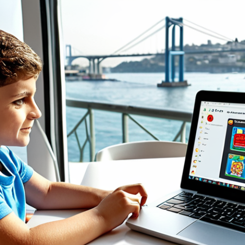 **Kids Coding LEGO Robotics:** A brightly lit classroom in Istanbul. Children (ages 8-12) are enthusiastically programming LEGO robots with laptops. A friendly instructor helps them. The Bosphorus Bridge is visible through the window in the background. The focus is on playful learning and technology.