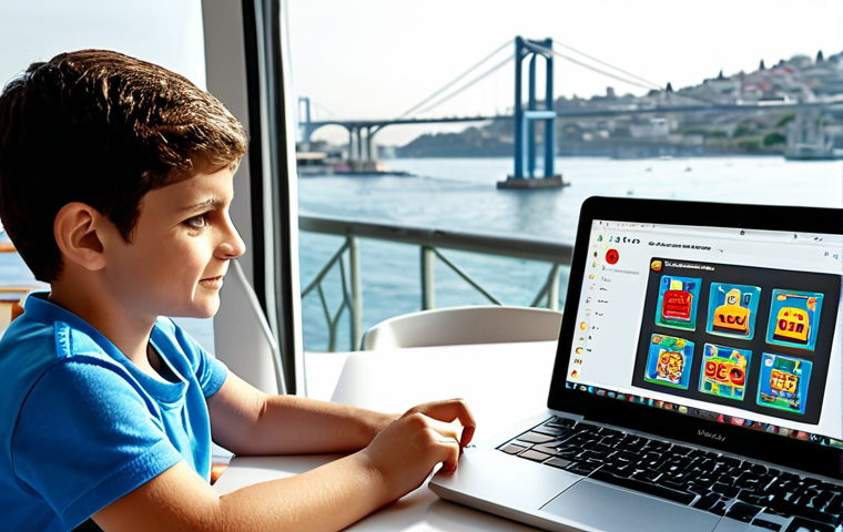 **Kids Coding LEGO Robotics:** A brightly lit classroom in Istanbul. Children (ages 8-12) are enthusiastically programming LEGO robots with laptops. A friendly instructor helps them. The Bosphorus Bridge is visible through the window in the background. The focus is on playful learning and technology.