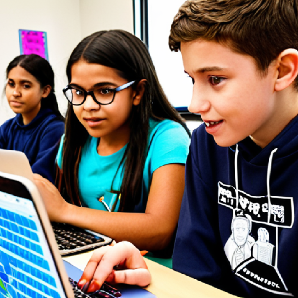 **

*   **Focus:** A diverse group of students actively engaged in a coding workshop.
*   **Details:** Laptops open, colorful wires/circuits visible, some students collaborating, an educator guiding.  Modern, bright classroom setting.  Emphasize a sense of excitement and problem-solving.
*   **Style:**  Illustrative, slightly stylized, optimistic.

**