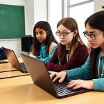 **

A dynamic classroom scene. Diverse students are engaged in coding activities on laptops, with a teacher (coding education leader) guiding them. The atmosphere is collaborative and innovative, showcasing STEM education in action with augmented reality elements subtly integrated. Focus: Coding education as a gateway to the future.

**