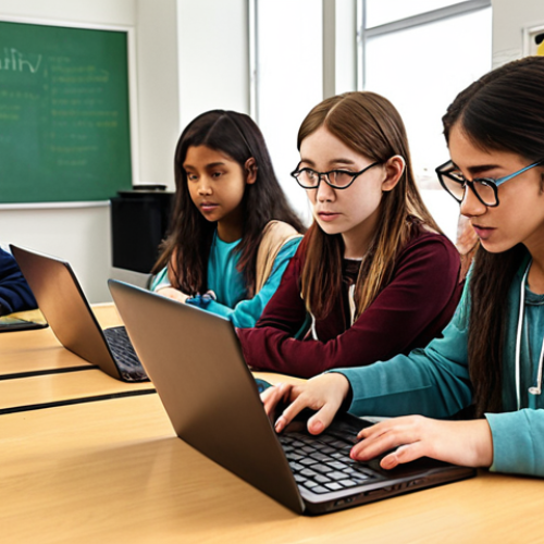 **

A dynamic classroom scene. Diverse students are engaged in coding activities on laptops, with a teacher (coding education leader) guiding them. The atmosphere is collaborative and innovative, showcasing STEM education in action with augmented reality elements subtly integrated. Focus: Coding education as a gateway to the future.

**