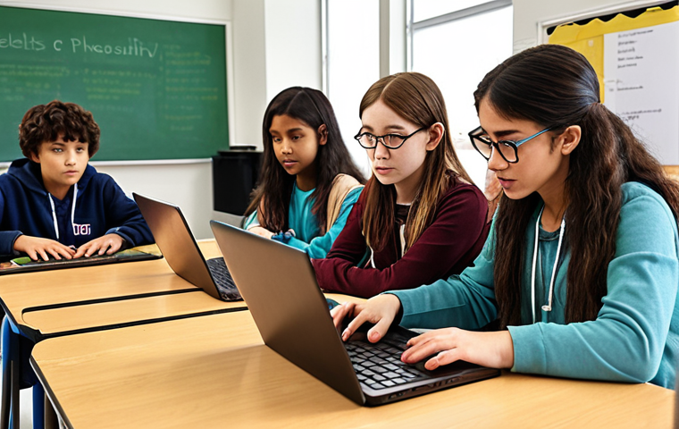 **
A dynamic classroom scene. Diverse students are engaged in coding activities on laptops, with a teacher (coding education leader) guiding them. The atmosphere is collaborative and innovative, showcasing STEM education in action with augmented reality elements subtly integrated. Focus: Coding education as a gateway to the future.
**
