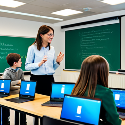 Home 28 A professional coding educator, fully clothed in modest business casual attire, standing in a brightly lit, modern classroom. They are interacting with a diverse group of students, including children and adults of various ages, who are actively engaged with laptops and large interactive screens displaying code snippets and abstract digital concepts. The atmosphere is positive, collaborative, and forward-looking, emphasizing learning and skill development in technology. High-resolution, professional photography, perfect anatomy, correct proportions, natural pose, well-formed hands, proper finger count, natural body proportions, safe for work, appropriate content, fully clothed, family-friendly.