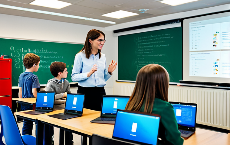 A professional coding educator, fully clothed in modest business casual attire, standing in a brightly lit, modern classroom. They are interacting with a diverse group of students, including children and adults of various ages, who are actively engaged with laptops and large interactive screens displaying code snippets and abstract digital concepts. The atmosphere is positive, collaborative, and forward-looking, emphasizing learning and skill development in technology. High-resolution, professional photography, perfect anatomy, correct proportions, natural pose, well-formed hands, proper finger count, natural body proportions, safe for work, appropriate content, fully clothed, family-friendly.