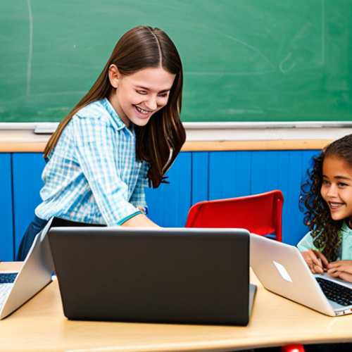 Home 25 **
A diverse group of children (ages 8-12) are gathered around laptops in a brightly lit classroom, fully clothed in casual, appropriate attire. They are smiling and engaged, working on Scratch projects with colorful blocks on the screens. The teacher, a friendly woman in her 30s wearing modest professional clothing, is assisting one of the students. Background features include posters about coding concepts and fun robotic creations. Safe for work, appropriate content, fully clothed, family-friendly, perfect anatomy, correct proportions, natural pose, professional quality.
**