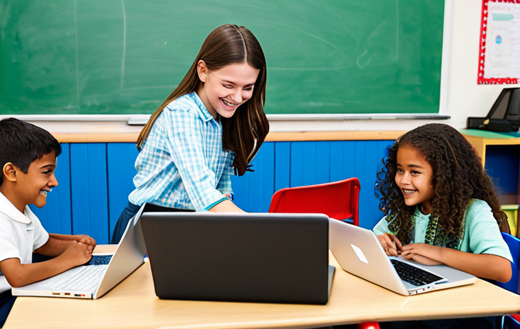 **
A diverse group of children (ages 8-12) are gathered around laptops in a brightly lit classroom, fully clothed in casual, appropriate attire. They are smiling and engaged, working on Scratch projects with colorful blocks on the screens. The teacher, a friendly woman in her 30s wearing modest professional clothing, is assisting one of the students. Background features include posters about coding concepts and fun robotic creations. Safe for work, appropriate content, fully clothed, family-friendly, perfect anatomy, correct proportions, natural pose, professional quality.
**
