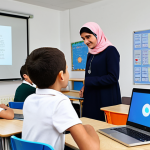 Modern Turkish Classroom**

"A bright and modern classroom in Turkey filled with students (ages 10-12) learning to code on laptops. The teacher, a friendly woman in a professional modest dress, is assisting a student. The classroom features colorful posters about coding concepts. safe for work, appropriate content, fully clothed, professional, perfect anatomy, correct proportions, natural pose, well-formed hands, proper finger count, natural body proportions, high quality, professional photography."

**