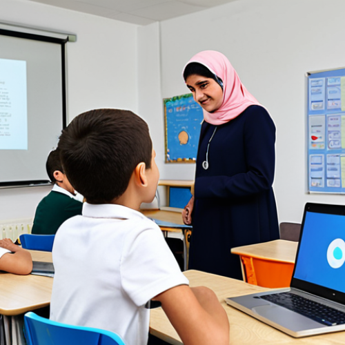 Home 12 Modern Turkish Classroom**
"A bright and modern classroom in Turkey filled with students (ages 10-12) learning to code on laptops. The teacher, a friendly woman in a professional modest dress, is assisting a student. The classroom features colorful posters about coding concepts. safe for work, appropriate content, fully clothed, professional, perfect anatomy, correct proportions, natural pose, well-formed hands, proper finger count, natural body proportions, high quality, professional photography."
**