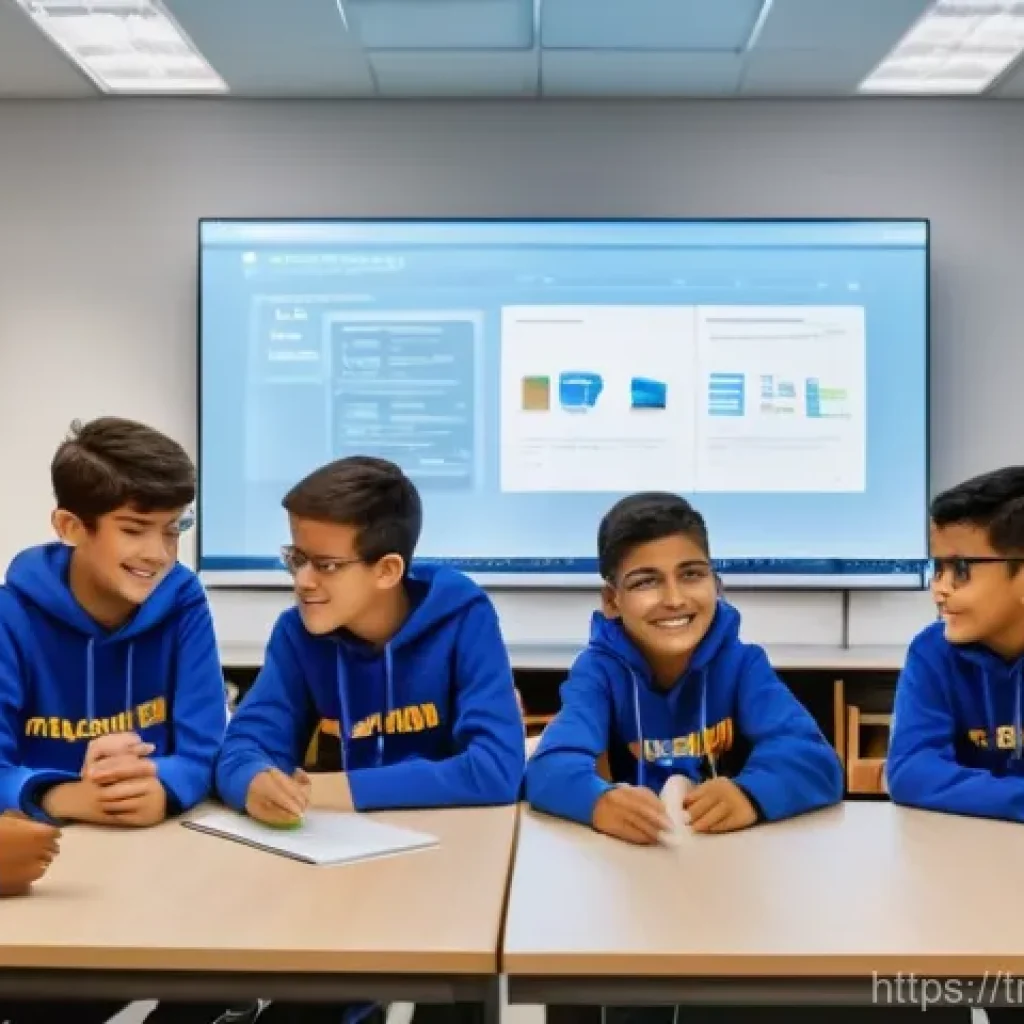 코딩교육지도사로서 초보 강사에게 주는 조언 - They are gathered around a large table in a modern, well-equipped coding lab. The instructor is smil...