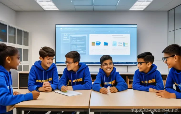 코딩교육지도사로서 초보 강사에게 주는 조언 - They are gathered around a large table in a modern, well-equipped coding lab. The instructor is smil...