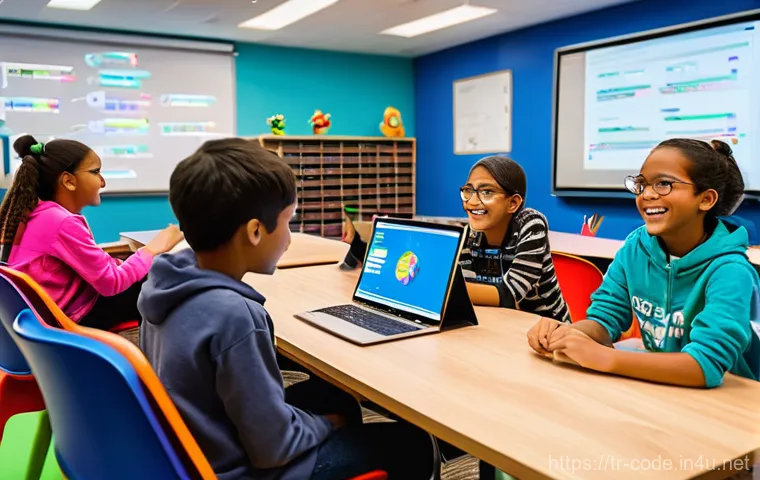 코딩교육지도사와 자격증 합격률 비교 - **Prompt:** A vibrant and engaging coding classroom filled with a diverse group of young students, a...