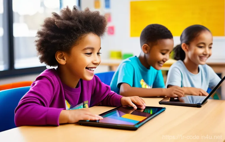 코딩교육지도사와 효과적인 수업 운영 - **Prompt:** A diverse group of four elementary school children, aged 8-10, are actively engaged in a...
