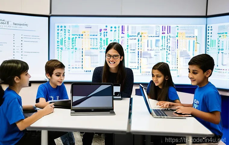 코딩교육지도사 자격증과 교사 자격증의 차이 - **Prompt:** "A vibrant, modern coding workshop filled with diverse elementary and middle school chil...