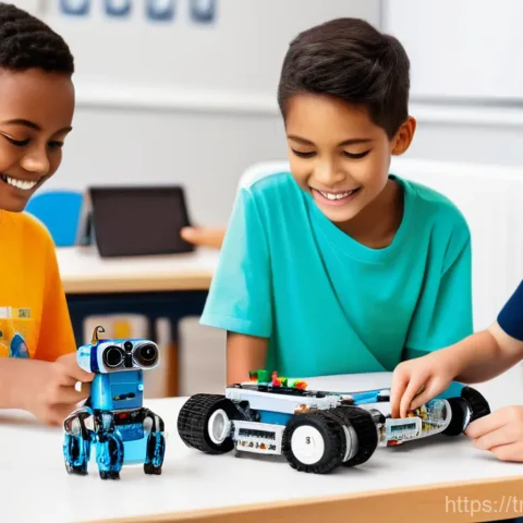 코딩교육지도사와 학습 자료 활용 사례 - **Robotic Coding Set: Collaborative Creators**
    "A vibrant, eye-level photograph of five children...