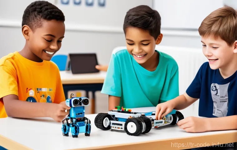 코딩교육지도사와 학습 자료 활용 사례 - **Robotic Coding Set: Collaborative Creators**
"A vibrant, eye-level photograph of five children...