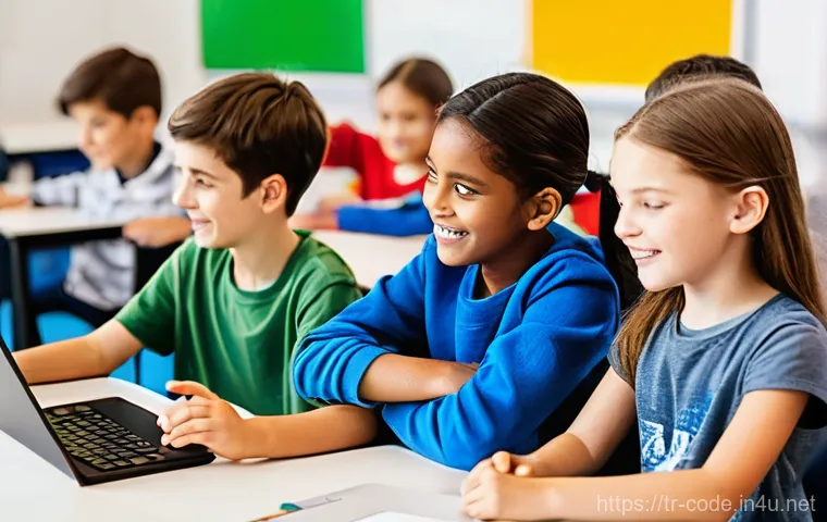 코딩교육지도사와 디지털 전환 시대의 교육 - **Prompt:** A vibrant and bustling coding workshop for children aged 7-12, set in a brightly lit, mo...