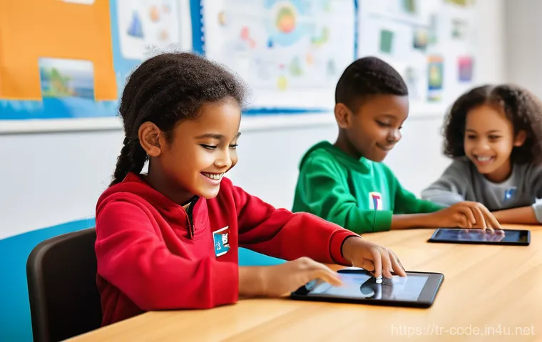 코딩교육지도사와 교육 효과 측정 도구 - **Prompt:** A diverse group of joyful children, aged 7-12, are engrossed in a coding activity in a b...