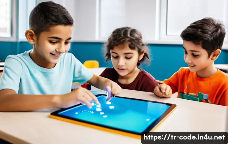 코딩교육지도사 시험 가이드북 리뷰 - "A group of diverse Turkish children, aged 7-10, are joyfully engaged in a robotic coding class. The...