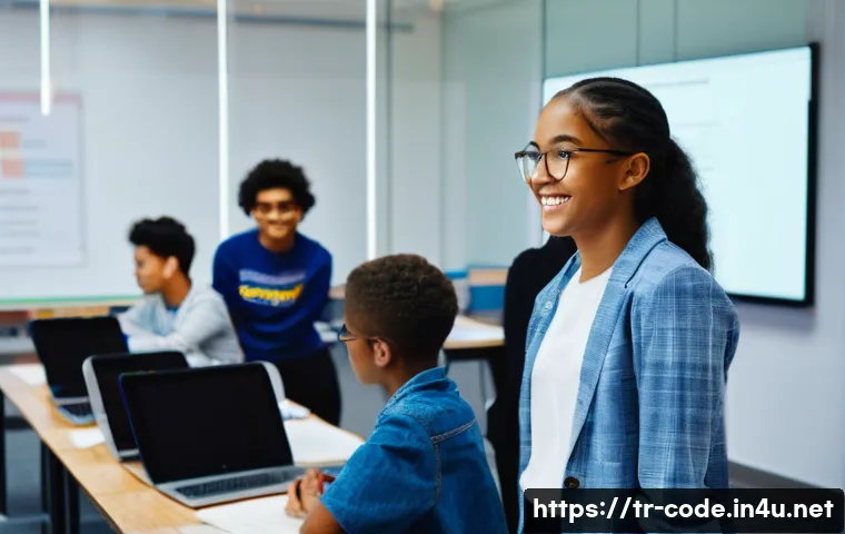 코딩교육지도사 업무에서의 시간 관리 비법 - **Prompt:** A diverse group of enthusiastic teenage and young adult students (ages 15-22) in a brigh...