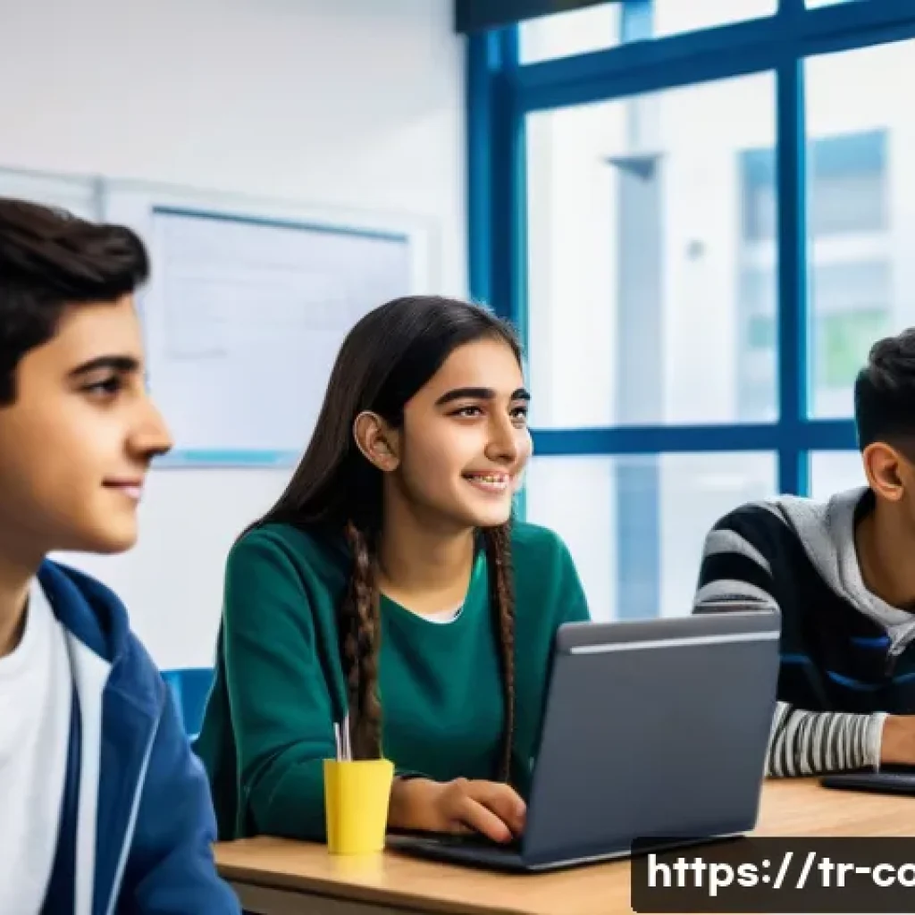 코딩교육지도사 강의력 향상 비법 - A vibrant classroom scene in a modern Turkish high school computer lab, featuring diverse teenage st...