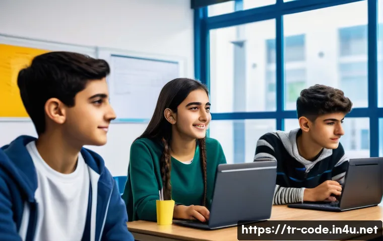 코딩교육지도사 강의력 향상 비법 - A vibrant classroom scene in a modern Turkish high school computer lab, featuring diverse teenage st...