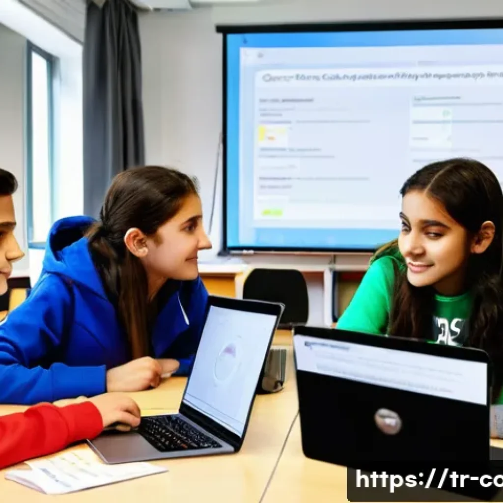 코딩교육지도사로서 학습자 중심 교육 방법 - A diverse group of Turkish students aged around 12-16, sitting in a modern classroom with laptops, e...