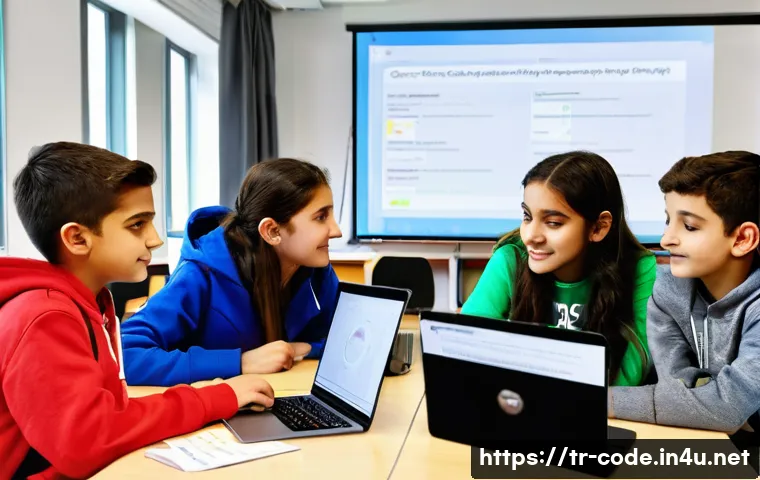 코딩교육지도사로서 학습자 중심 교육 방법 - A diverse group of Turkish students aged around 12-16, sitting in a modern classroom with laptops, e...