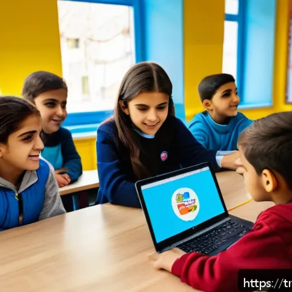 코딩교육지도사와 지속 가능한 교육 사례 - A vibrant classroom scene in a modern Turkish primary school, featuring a diverse group of children ...