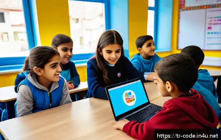 코딩교육지도사와 지속 가능한 교육 사례 - A vibrant classroom scene in a modern Turkish primary school, featuring a diverse group of children ...