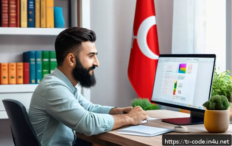 코딩교육지도사 자격증 취득 난이도 분석 - A modern Turkish coding instructor in a bright, well-organized home office, sitting at a desk with m...