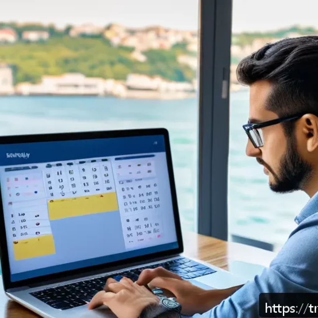 코딩교육지도사 업무 프로세스 정리법 - A modern home office setup in Istanbul, featuring a young Turkish coding instructor focusing on time...