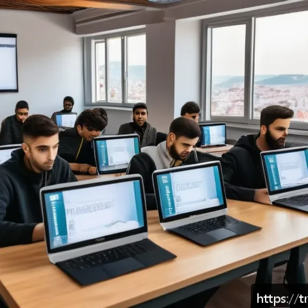 코딩교육지도사 자격증 취득 시 유리한 학력 - A modern Turkish classroom scene featuring a diverse group of young adults attentively learning codi...