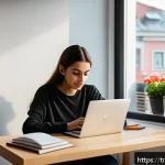 Home 20 코딩교육지도사와 학습 목표 설정 사례 - A focused young Turkish woman sitting at a modern wooden desk in a cozy Istanbul apartment, practici...