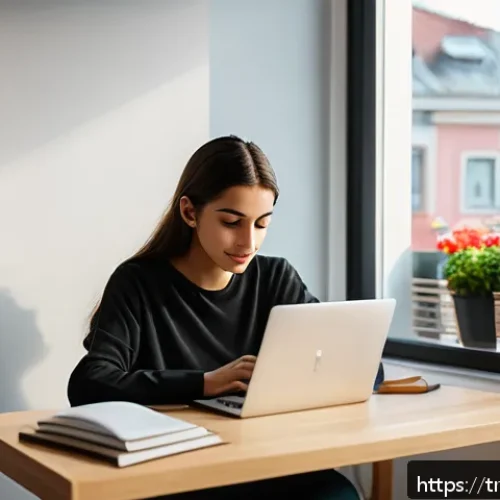 Home 32 코딩교육지도사와 학습 목표 설정 사례 - A focused young Turkish woman sitting at a modern wooden desk in a cozy Istanbul apartment, practici...