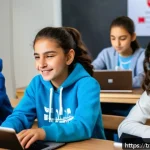 Home 19 코딩교육지도사와 학습 자료 개발 사례 - A modern classroom scene in Turkey featuring diverse middle school students actively engaged in a pr...