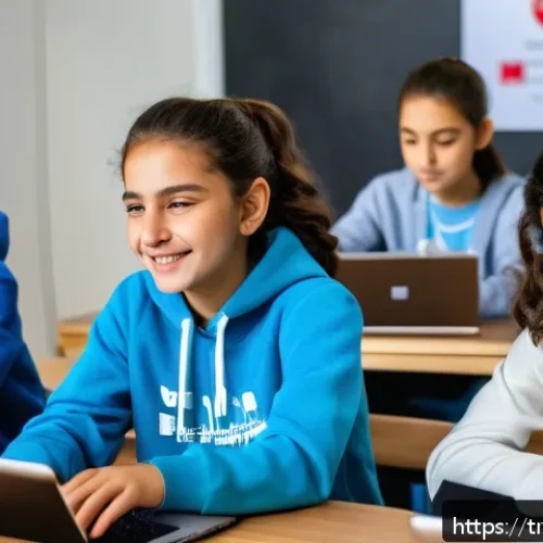 Home 31 코딩교육지도사와 학습 자료 개발 사례 - A modern classroom scene in Turkey featuring diverse middle school students actively engaged in a pr...