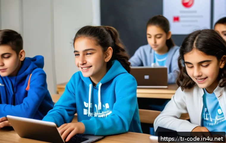 코딩교육지도사와 학습 자료 개발 사례 - A modern classroom scene in Turkey featuring diverse middle school students actively engaged in a pr...